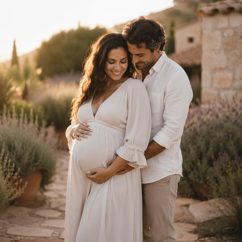 Mujer embarazada con su pareja en un jardín mediterráneo al atardecer, retrato editorial cálido y natural