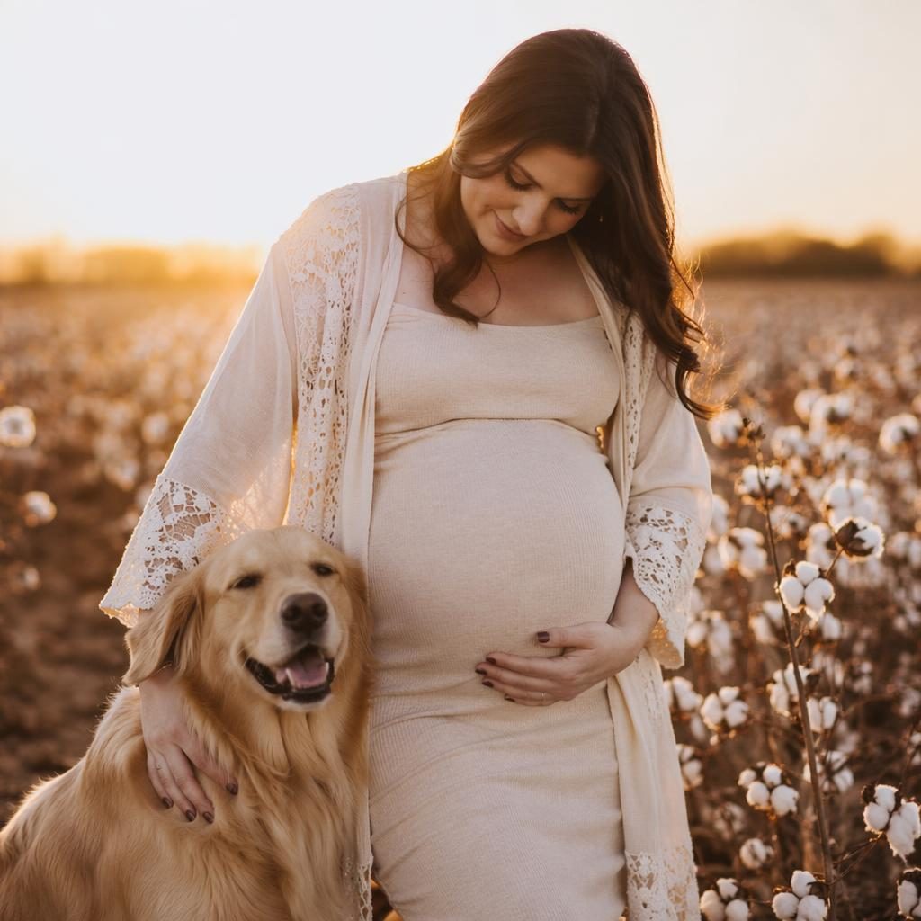 Femme enceinte avec son animal dans un champ de coton au lever du soleil, lumière douce, style éditorial minimal.