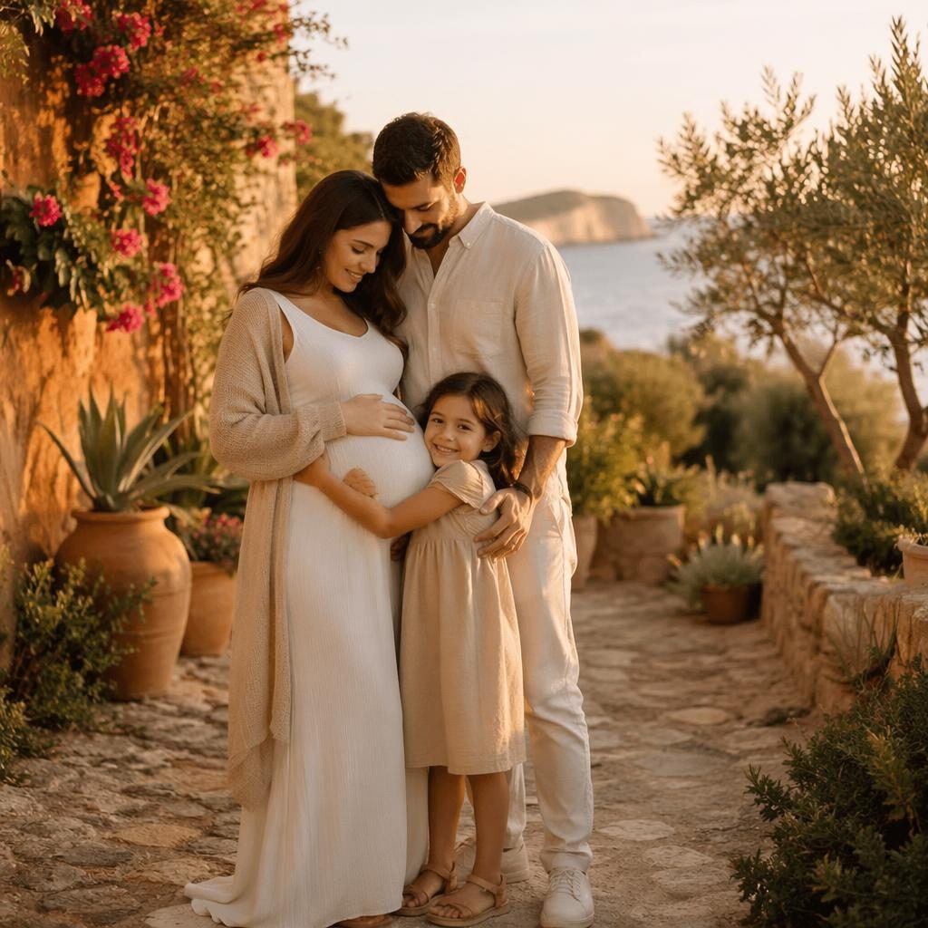 Familie mit Babybauch am Strand bei Sonnenuntergang, mediterraner Gartenstil, warme Erdtöne, natürliche Emotionen