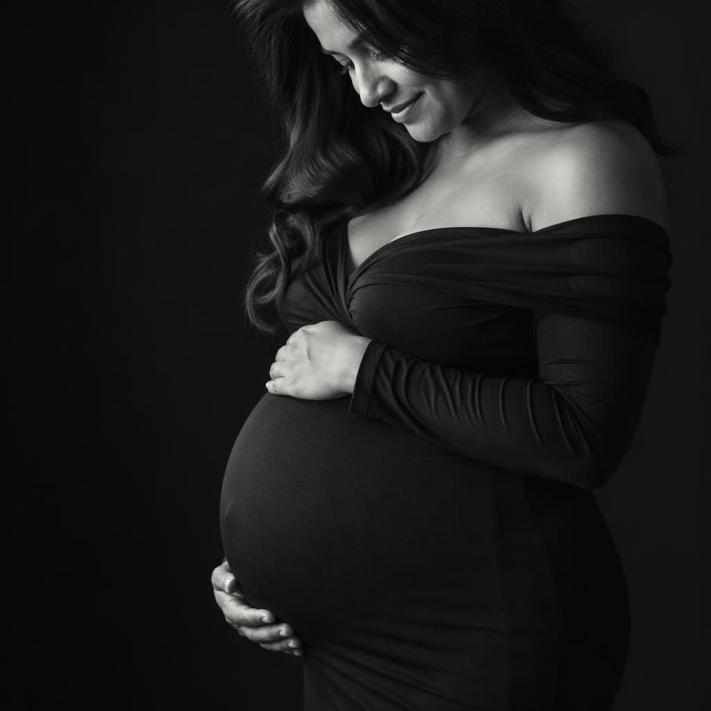 Primer plano artístico de vientre de embarazo en blanco y negro, fondo negro de estudio y hojas de otoño.