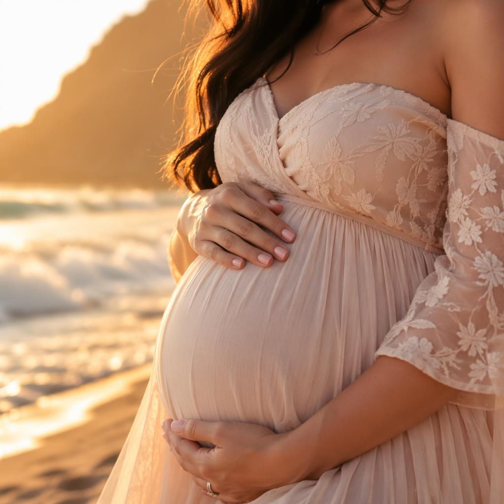 Close-up maternity photo of a pregnant belly at a beach during golden hour, with warm cream and rose tones.