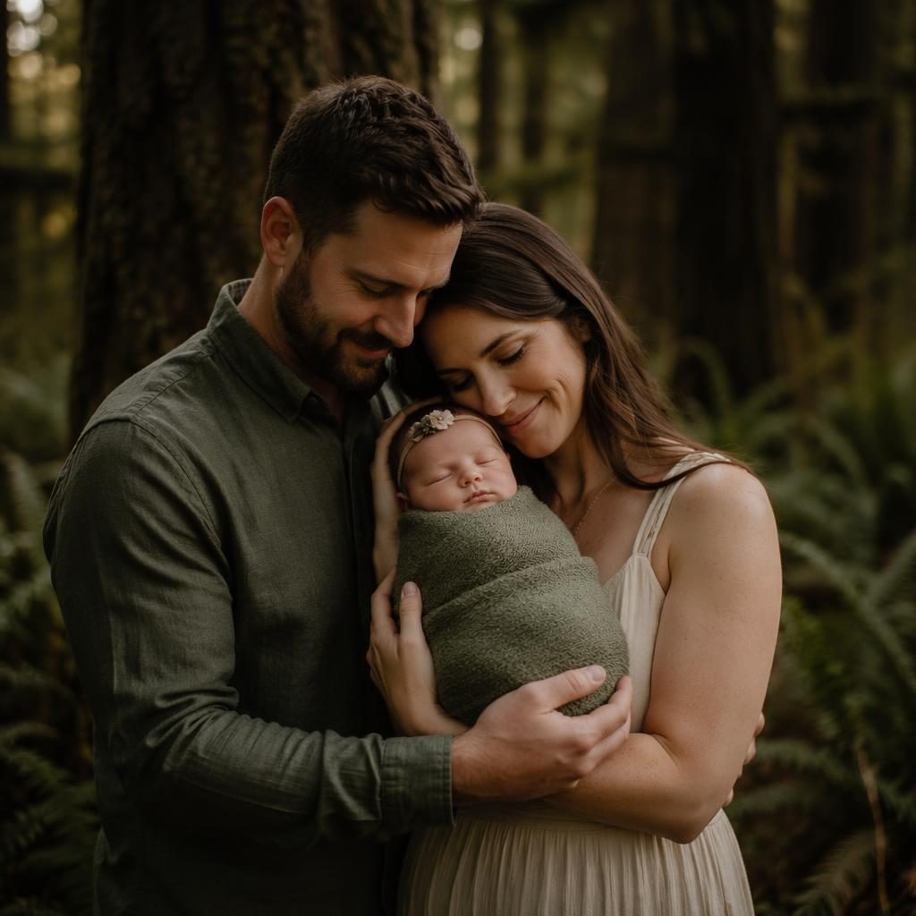 Pregnant mother with her older child and husband in a forest at golden hour, styled in a dark moody editorial look.