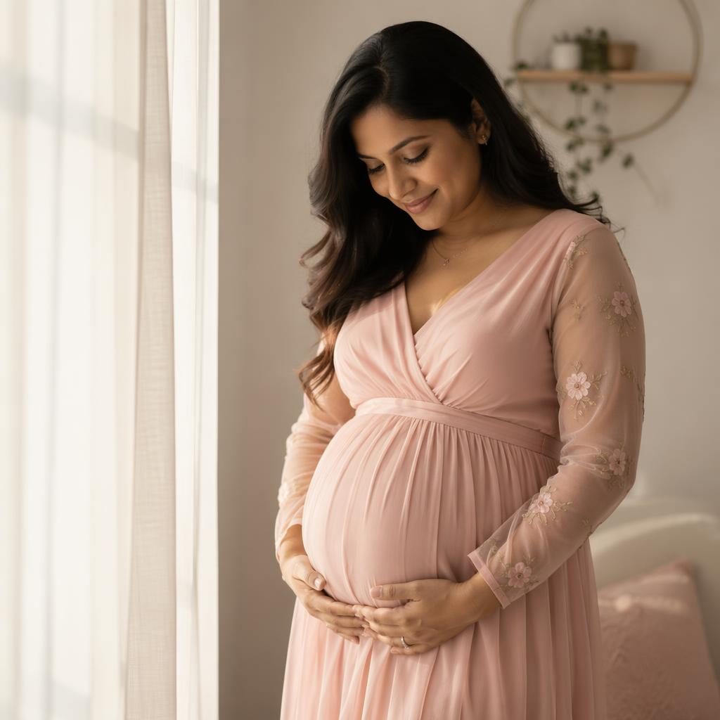 Solo pregnant mother in soft silhouette by window light, pastel-toned editorial maternity portrait in a home studio setting.