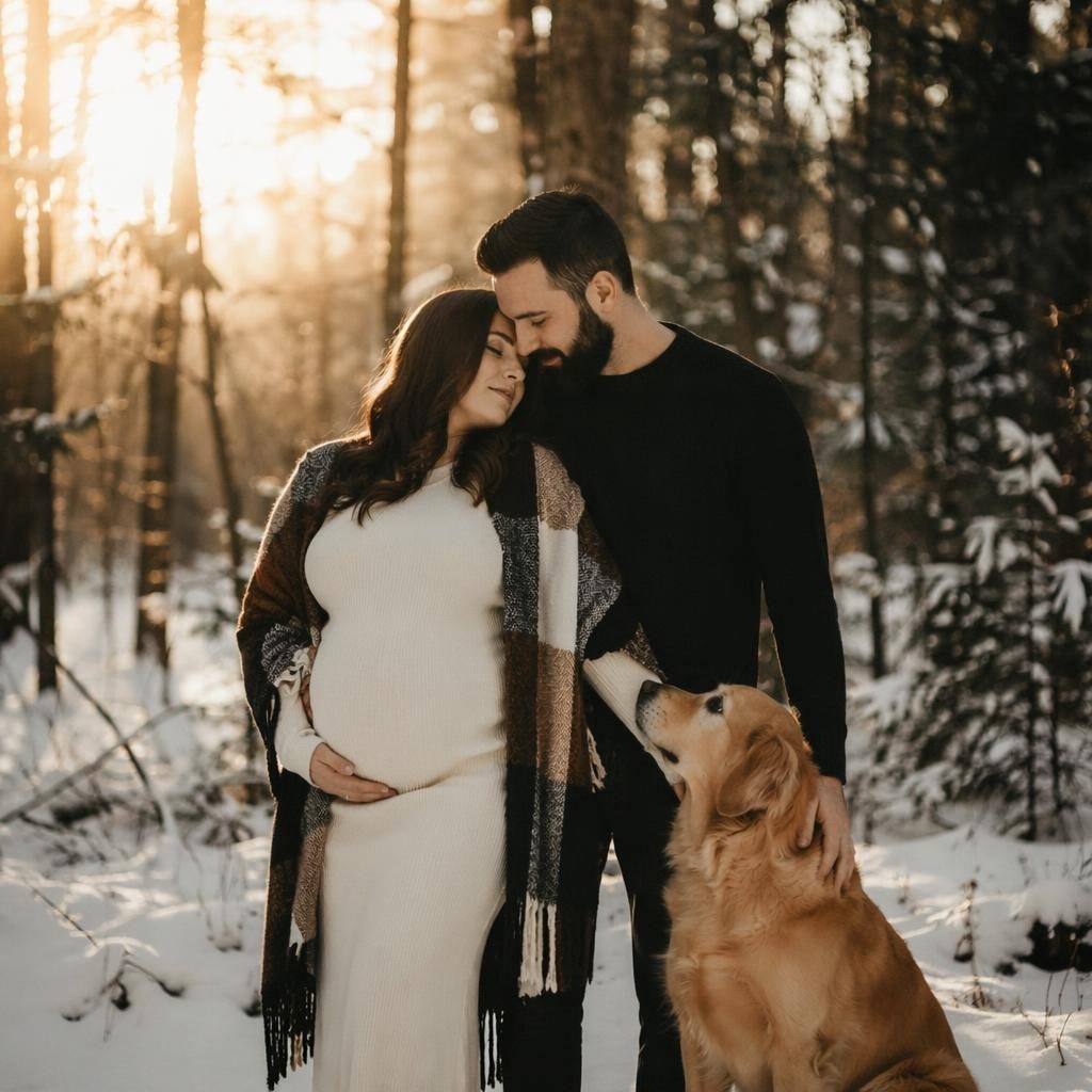 Femme enceinte avec son mari et leur animal en forêt enneigée, lumière dorée, ambiance sombre et éditoriale