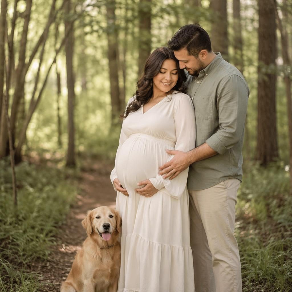 Mujer embarazada con su esposo en un bosque, retrato editorial con luz suave y tonos pastel