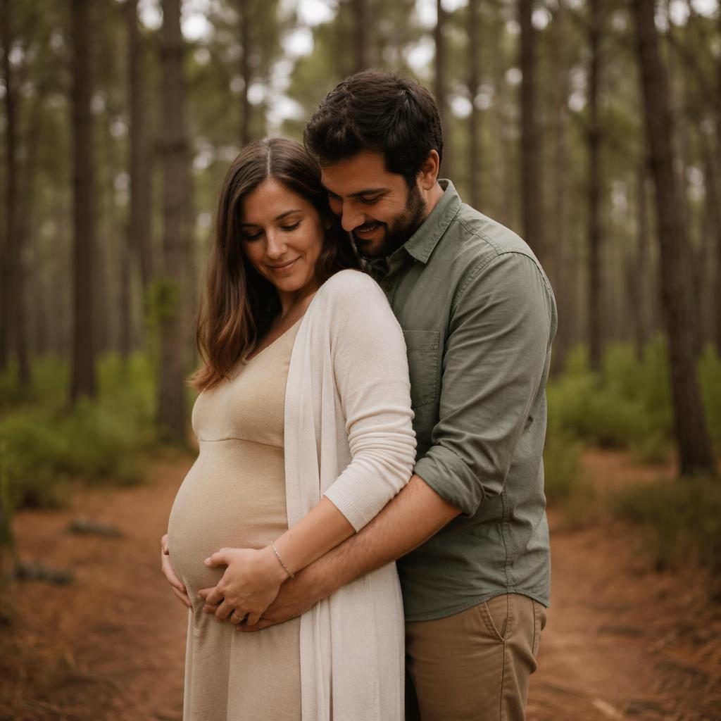 Mujer embarazada de perfil con su esposo en un bosque, luz suave y estilo editorial en tonos tierra.