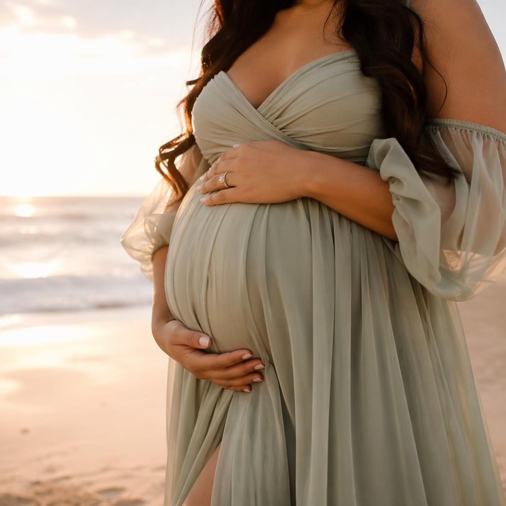 Close-up maternity photo of a pregnant belly at beach golden hour, with flowy sage and ivory fabric and soft light.