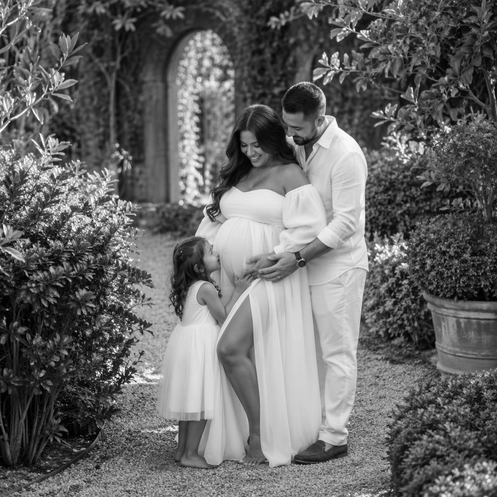 Black and white editorial maternity photo of a full family group in a Mediterranean garden with forest-like setting