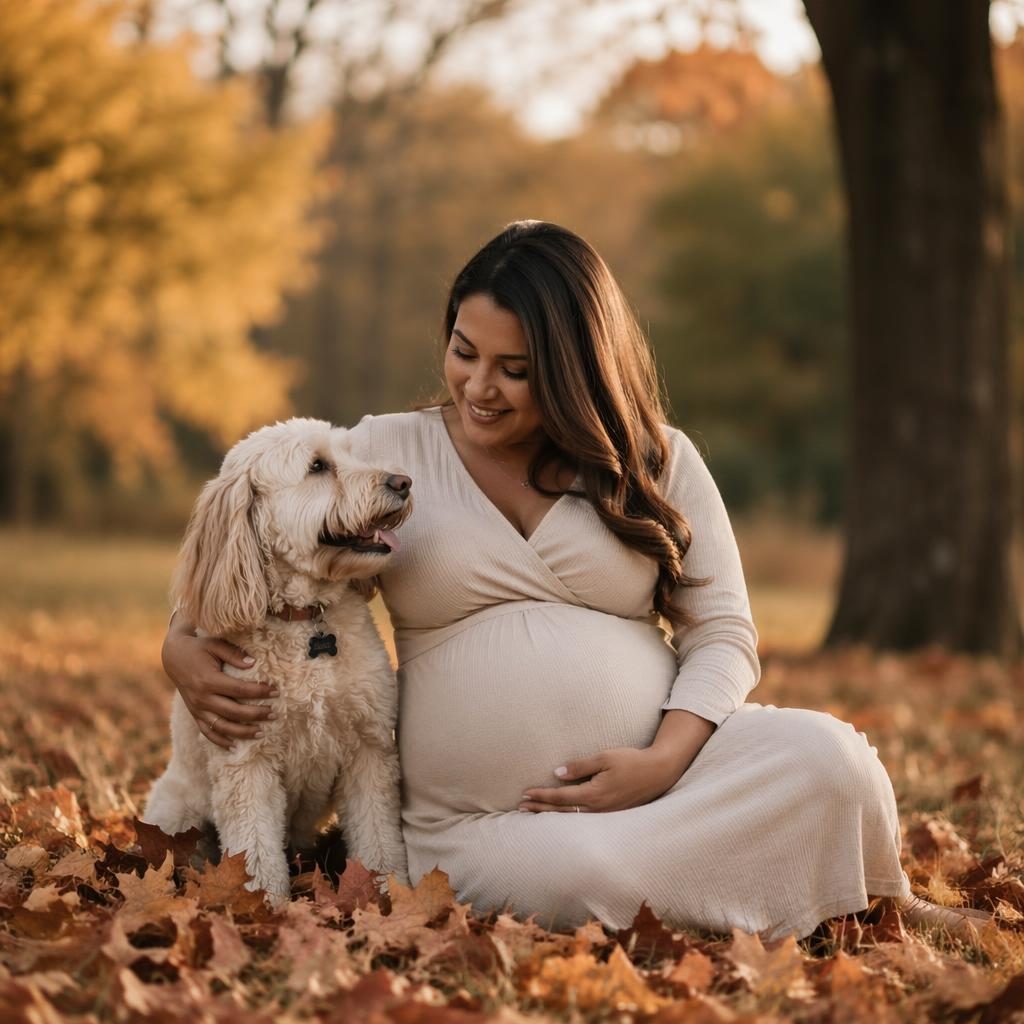 Editorial maternity portrait of a mother with her pet in soft studio light, styled in earthy autumn tones.