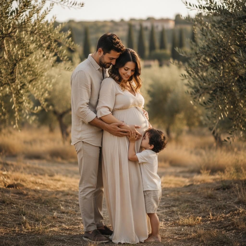 Famille réunie dans une chambre cosy, photo maternité éditoriale aux tons crème et rose, lumière douce et naturelle.