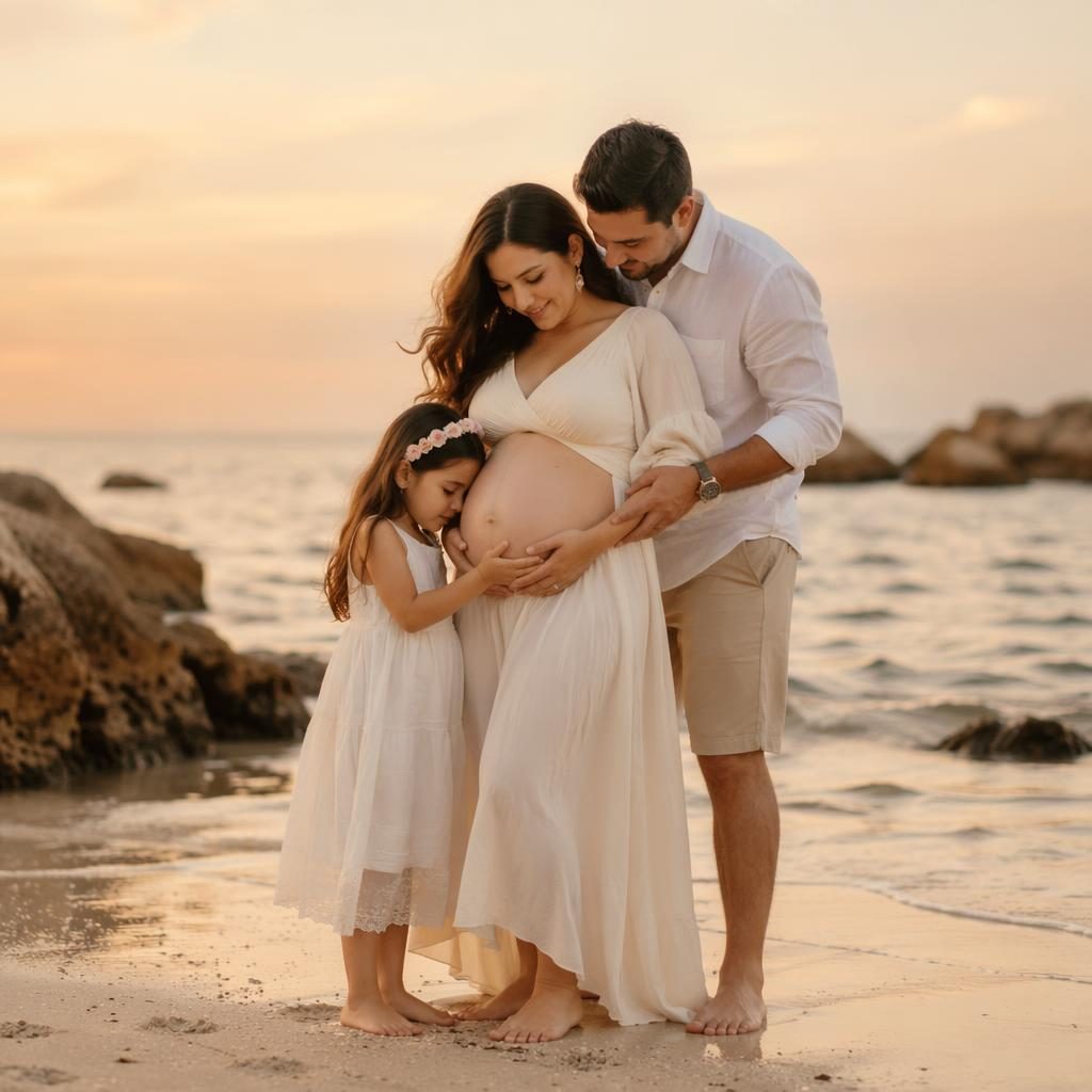 Familia completa posando en la playa al atardecer, con luz dorada, tonos pastel y estilo editorial suave.
