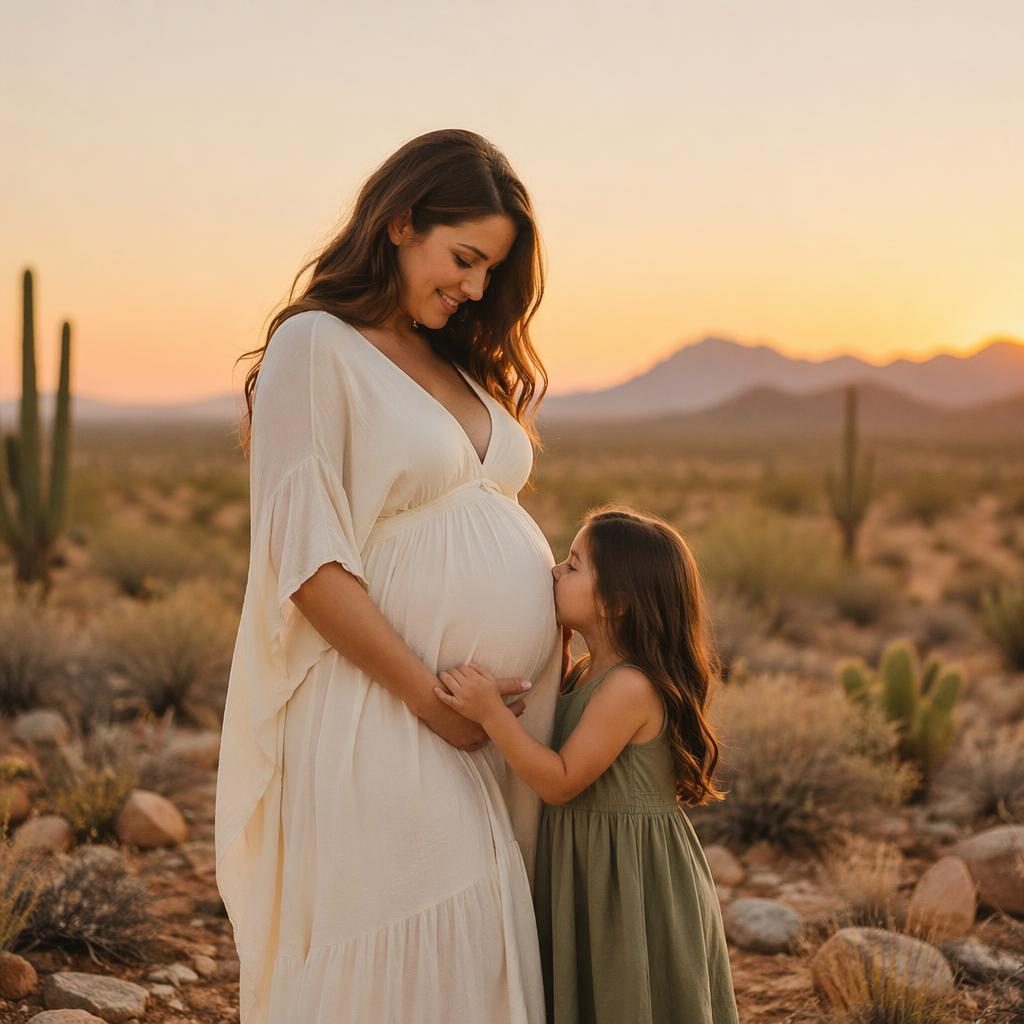 Mère enceinte avec enfant aîné au coucher du soleil dans le désert, robe bohème sauge et ivoire, lumière éditoriale.