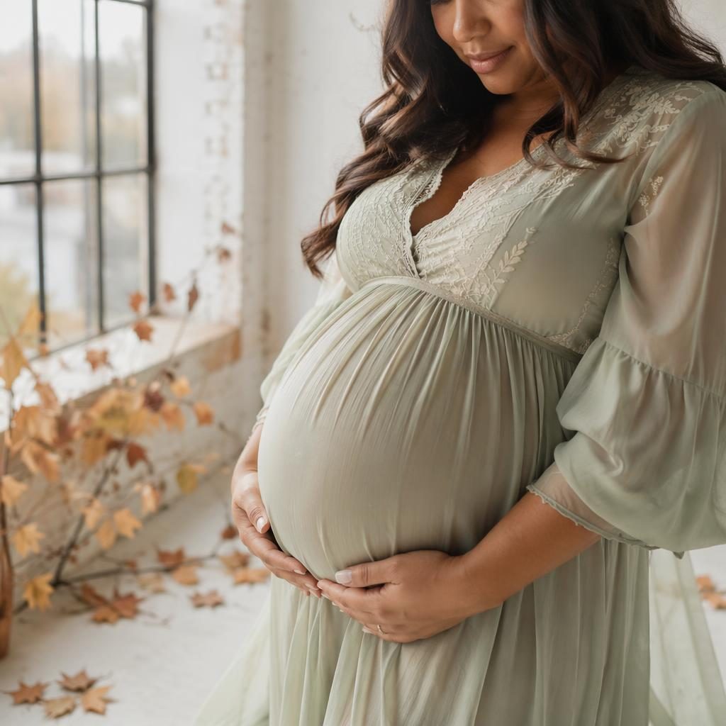 Soft editorial maternity photograph. Setting: autumn leaves. Subject framing: close-up belly detail. bohemian flowy phot