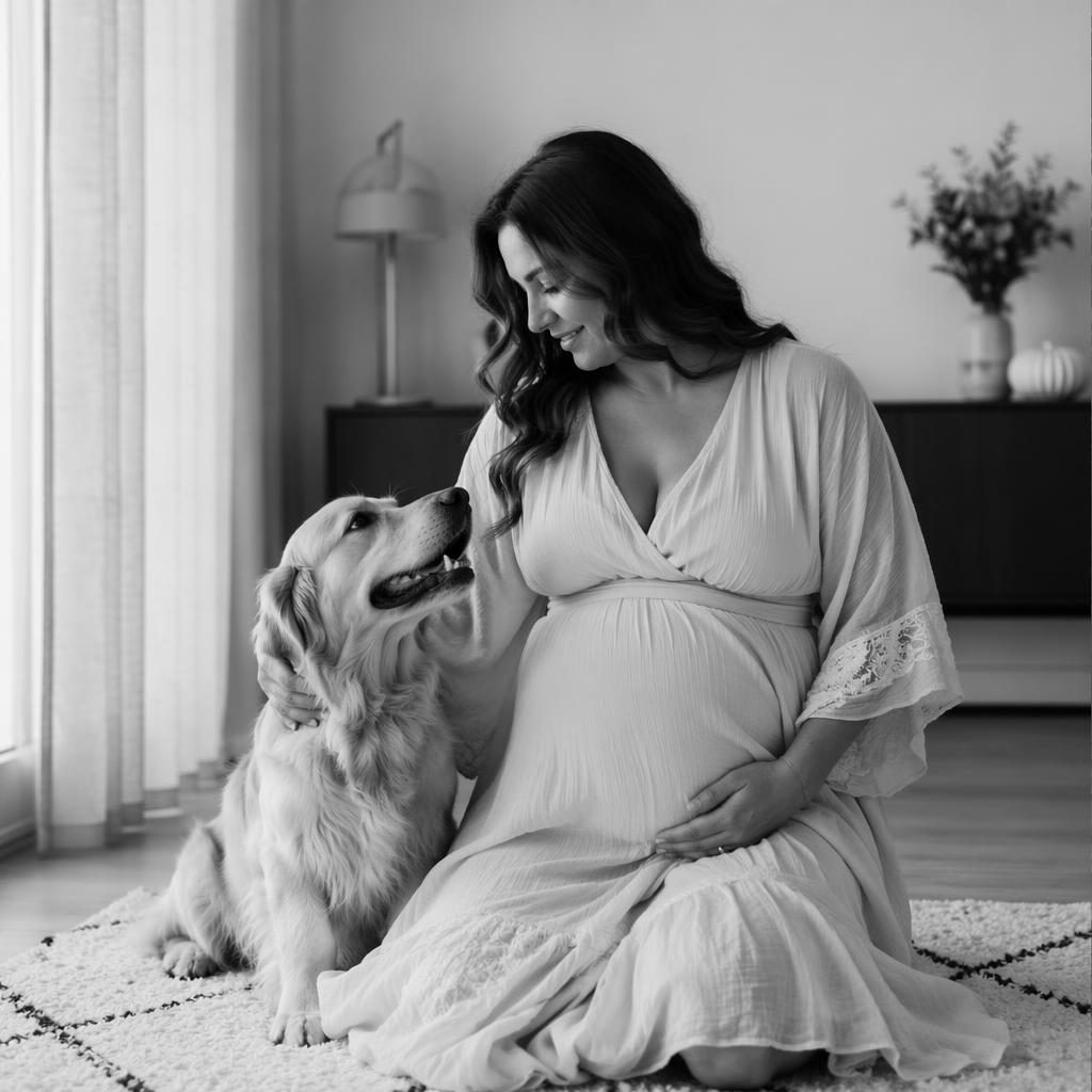 Femme enceinte avec son animal de compagnie dans une maison moderne, portrait éditorial noir et blanc à la lumière douce