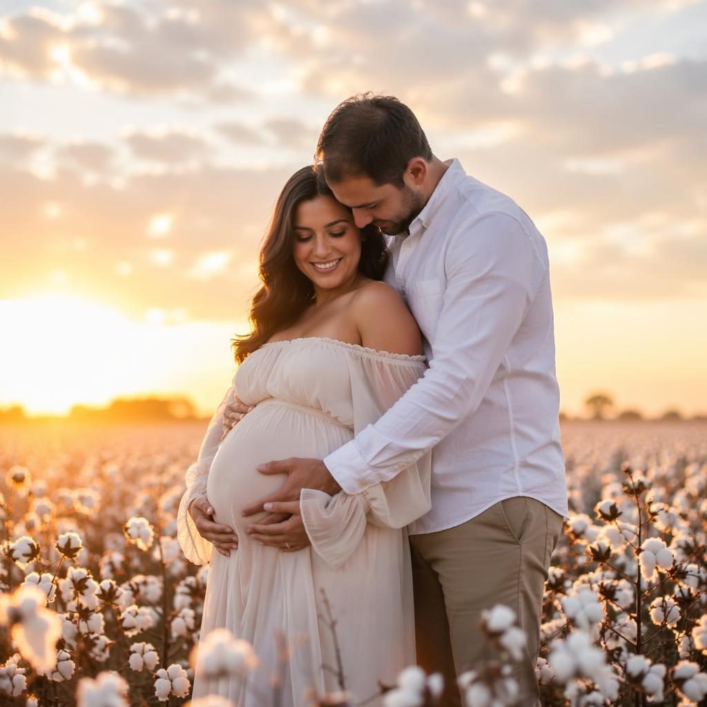 Editorial-style maternity couple portrait in a cotton field at sunrise with soft pastel tones and gentle natural light.
