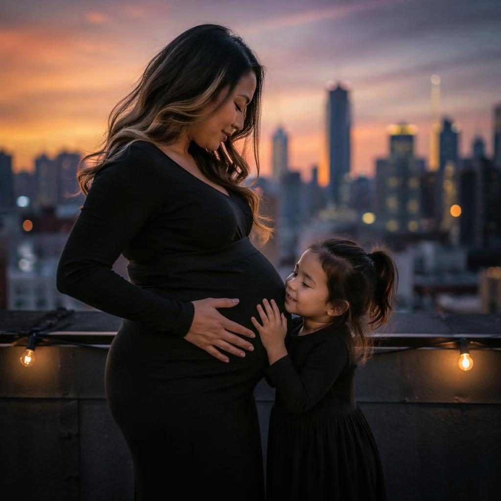 Pregnant mother with an older child in a cozy bedroom at dusk, soft editorial lighting and dark film-style tones