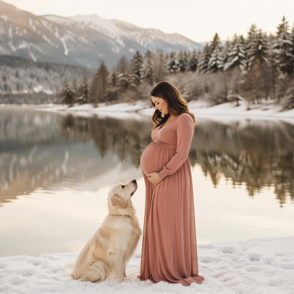 Schwangere Frau mit Hund in verschneiter Winterlandschaft am stillen See mit Spiegelung, in warmen Creme- und Rosétönen.
