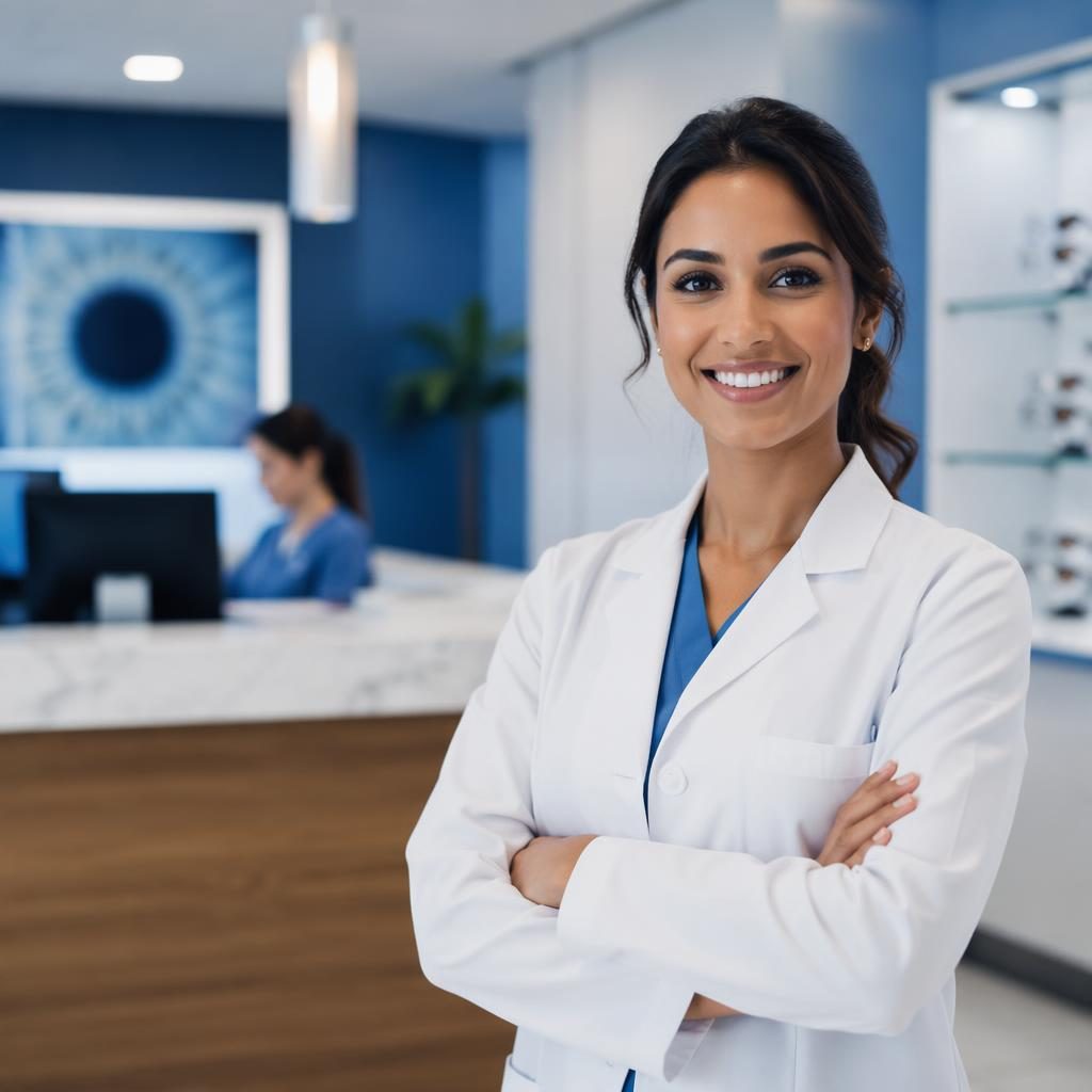 Professional doctor portrait at an ophthalmology clinic reception with blue and white interior and diverse staff.