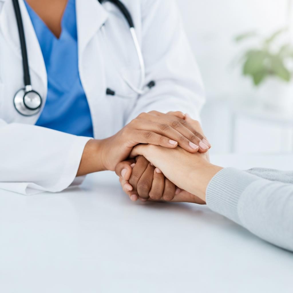 Close-up of caring hands in a clean medical or dental setting with blue and white tones and hygienic framing.