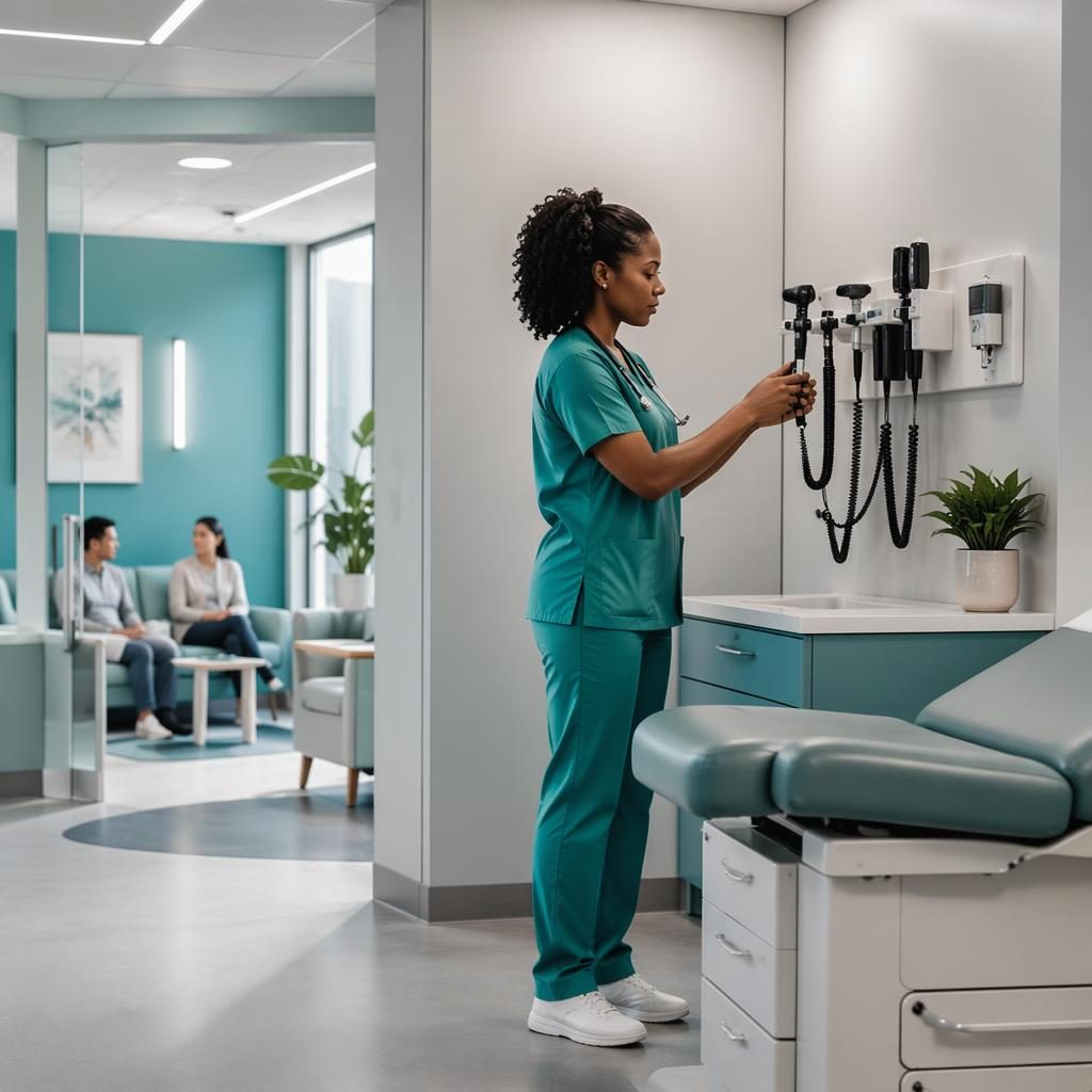 Salle de soins médicale moderne avec équipement clinique, palette teal, ambiance propre et professionnelle.