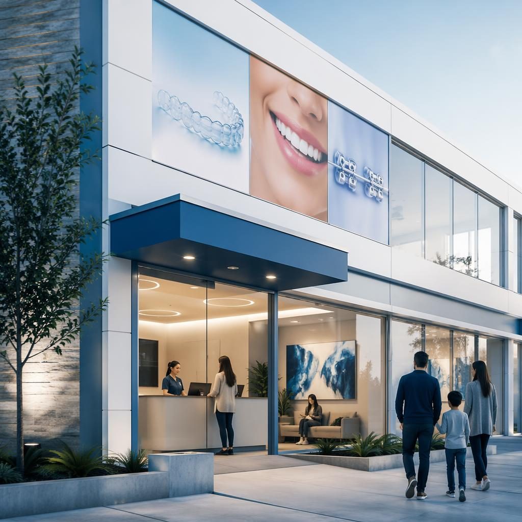 Moderne Außenansicht einer kieferorthopädischen Praxis in Blau und Weiß, sauber, professionell und einladend inszeniert.
