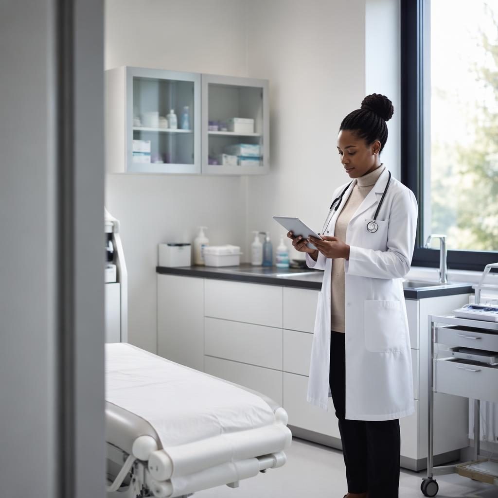 Salle de soins médicale minimaliste en tons monochromes avec équipement clinique moderne et ambiance propre