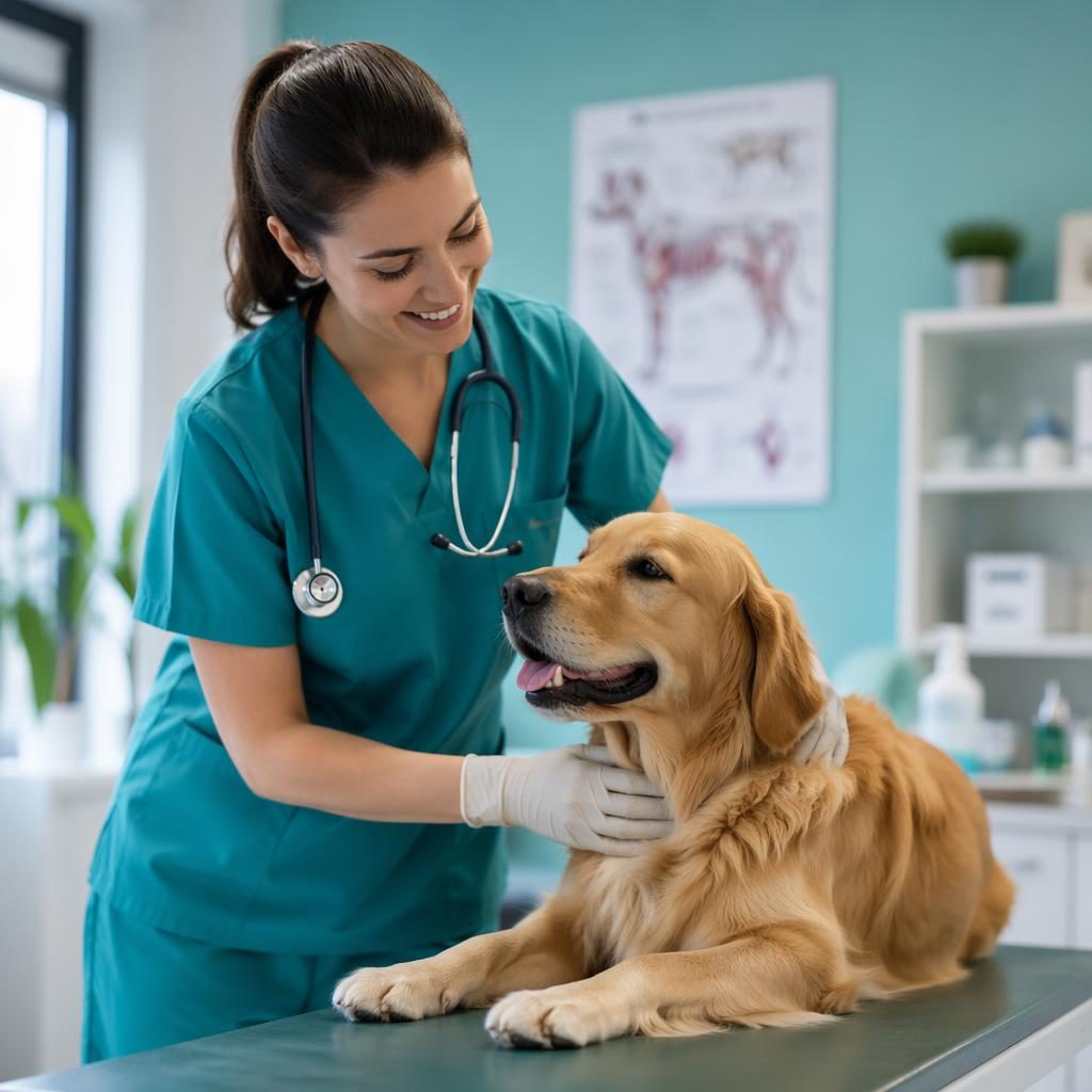 Médecin en blouse échange avec un patient dans un cabinet moderne aux tons teal, ambiance propre et professionnelle.