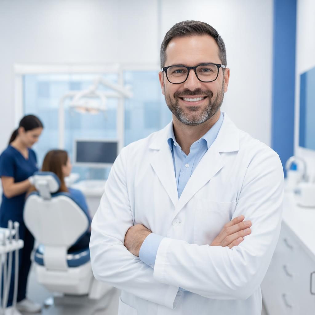 Professionelles Porträt eines Kieferorthopäden in moderner Praxis, Blau-Weiß-Palette, hygienisch und vertrauenswürdig