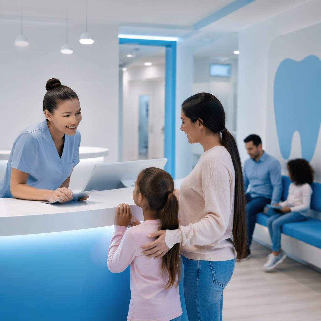 Empfang einer Kinderzahnarztpraxis in Blau und Weiß, diverse Personen, hygienisch und professionell inszeniert