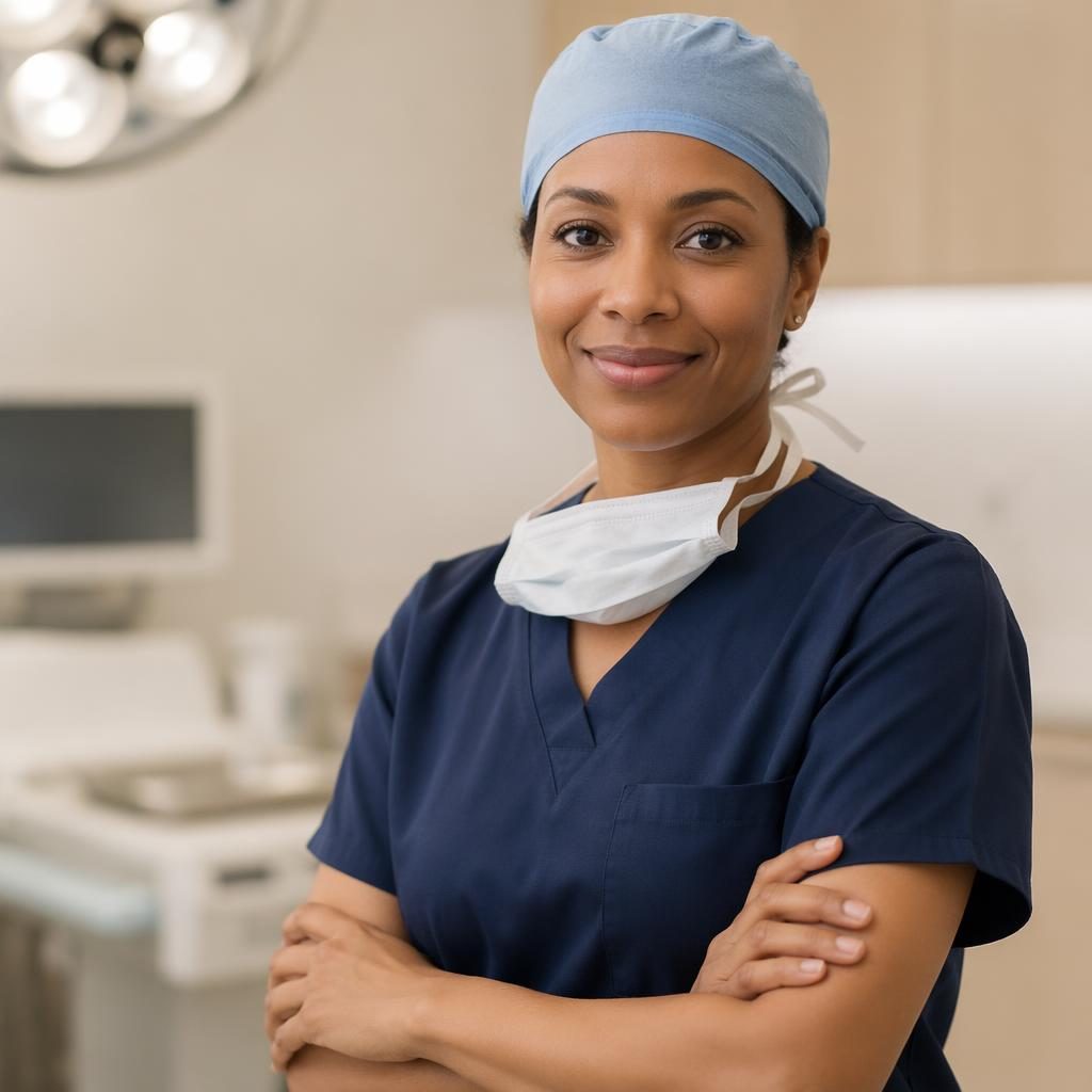 Close-up brand photo of caring hands in a clean medical setting with warm beige tones and professional styling.