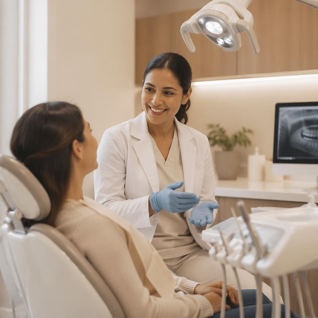 Editorial-style dental treatment room with modern equipment, warm beige tones, and diverse staff in a clean professional setting