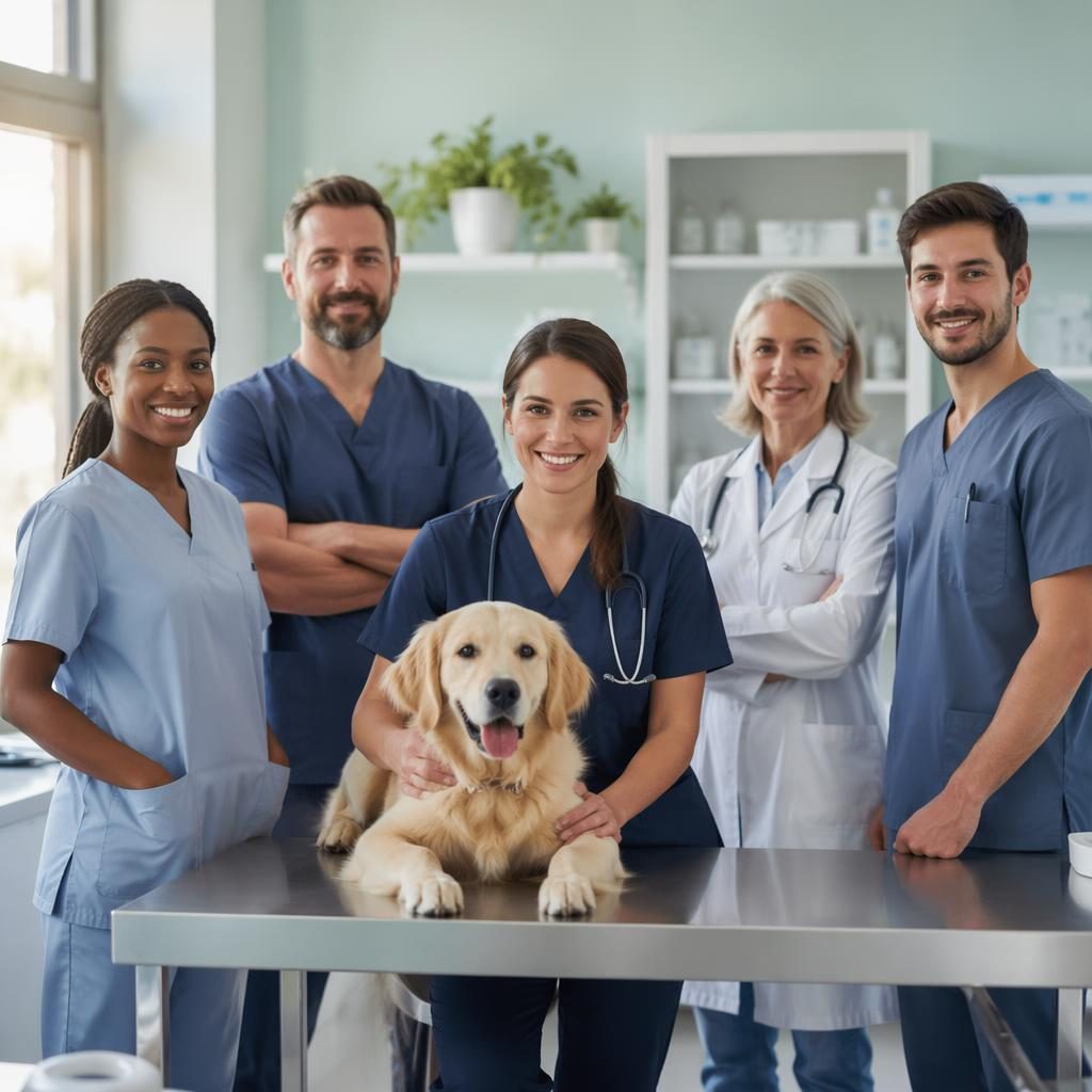 Équipe médicale diverse en pose de groupe dans une clinique pastel, ambiance propre, rassurante et éditoriale.