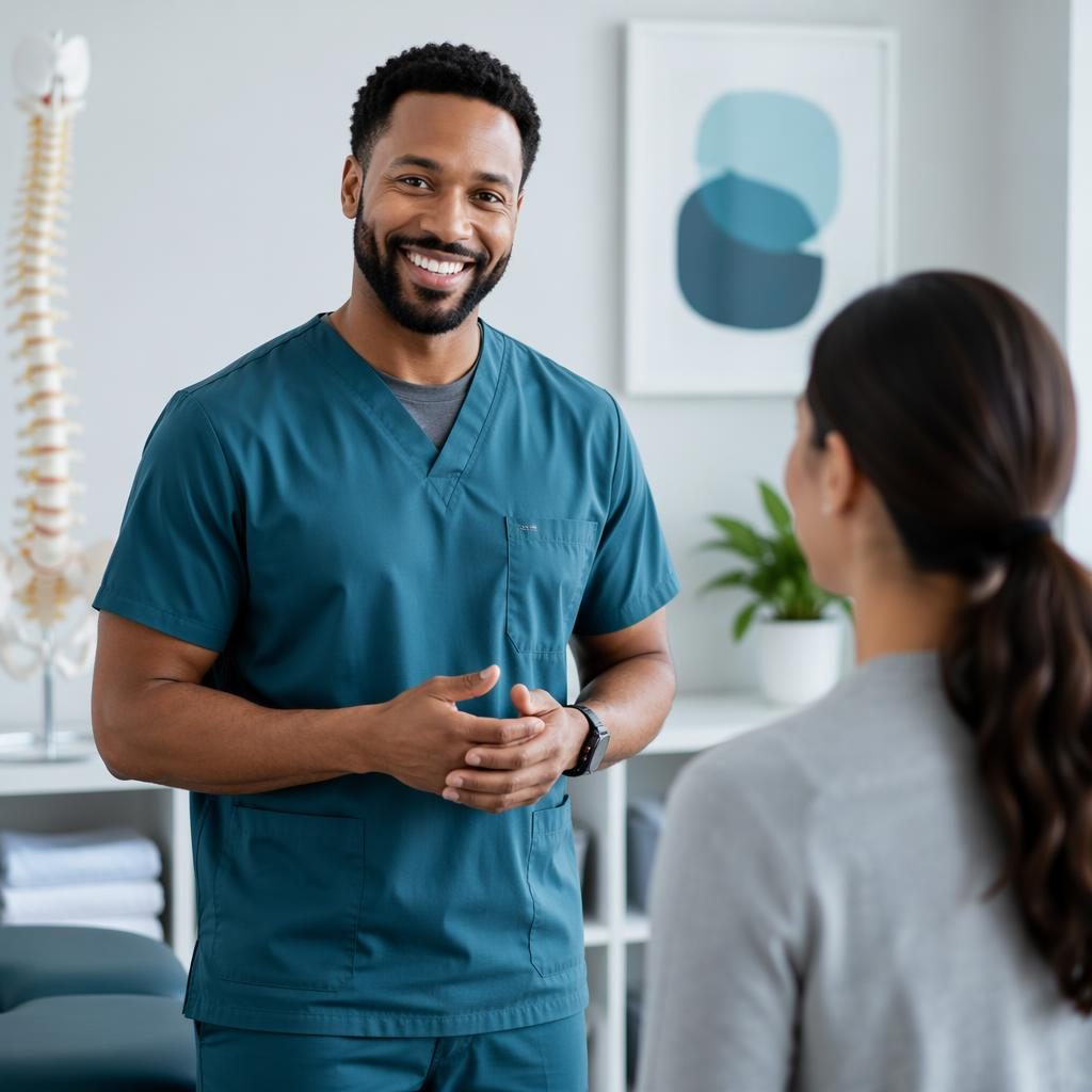 Doctor with patient in a modern teal clinic, professional medical setting with hygienic editorial-style framing