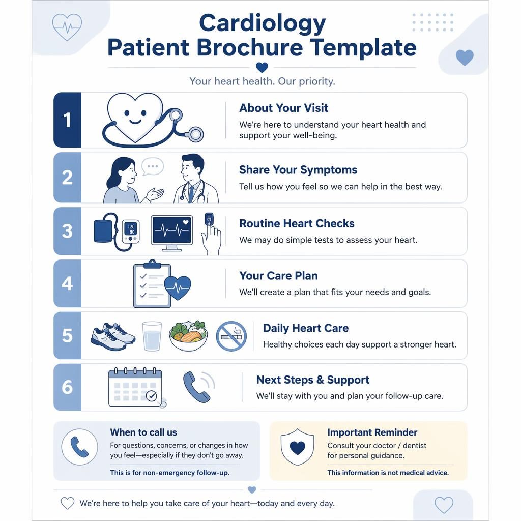 A5 portrait cardiology brochure infographic with 6 numbered step cards, callout boxes, icons, and clean monochrome clinic layout.