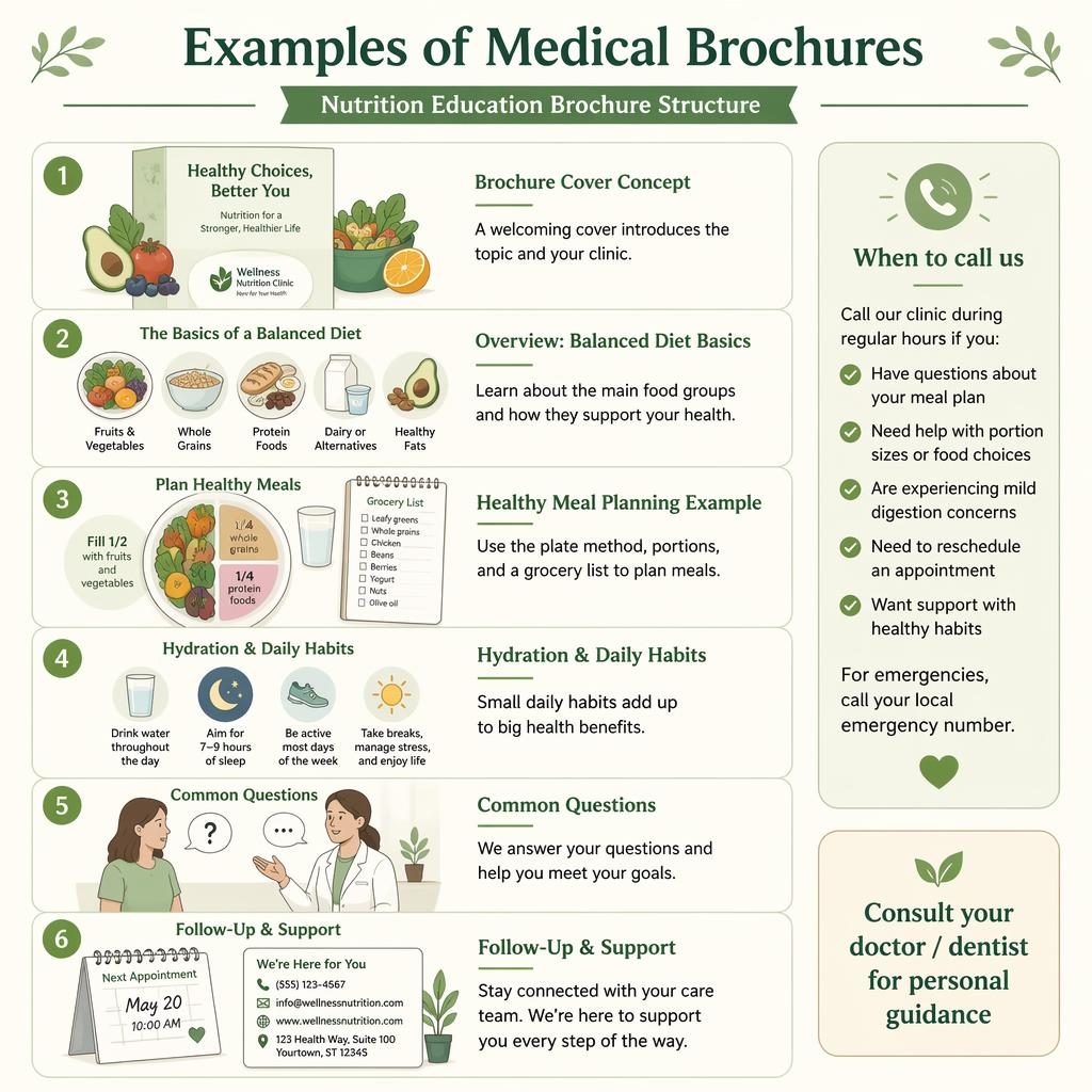 A5 portrait infographic with 6 numbered nutrition brochure examples, sage and cream cards, callout boxes, and clinic leaflet visuals.