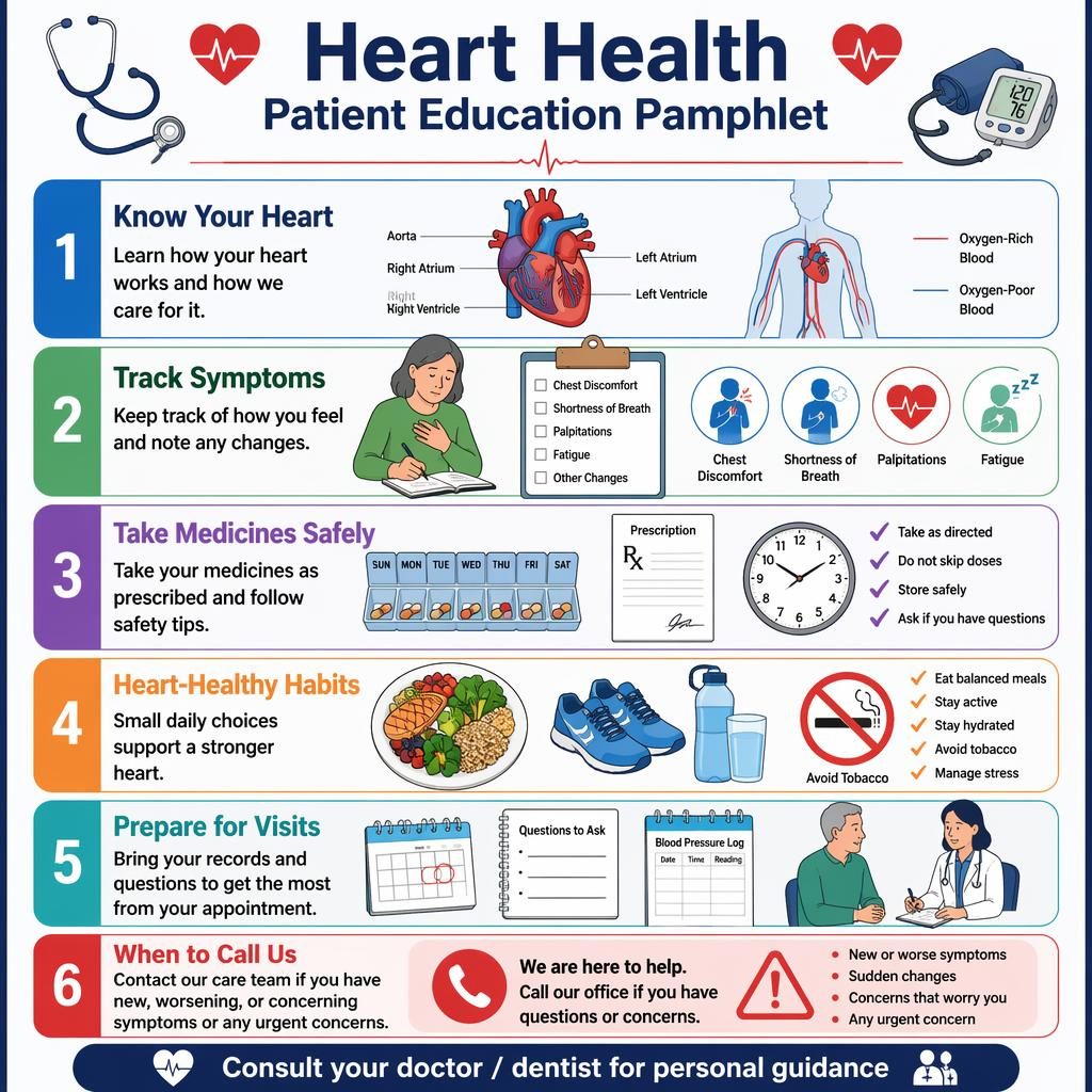 A5 portrait heart health patient education pamphlet with 6 numbered step cards, medical icons, and footer guidance.