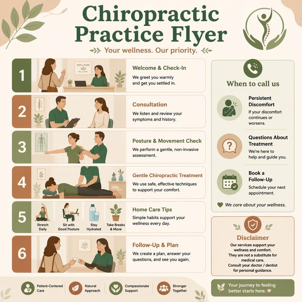 A5-Hochformat-Infografik mit 6 nummerierten Chiropraktik-Schritten, Empfang, Beratung, Check, Behandlung, Heimtipps und Follow-up.