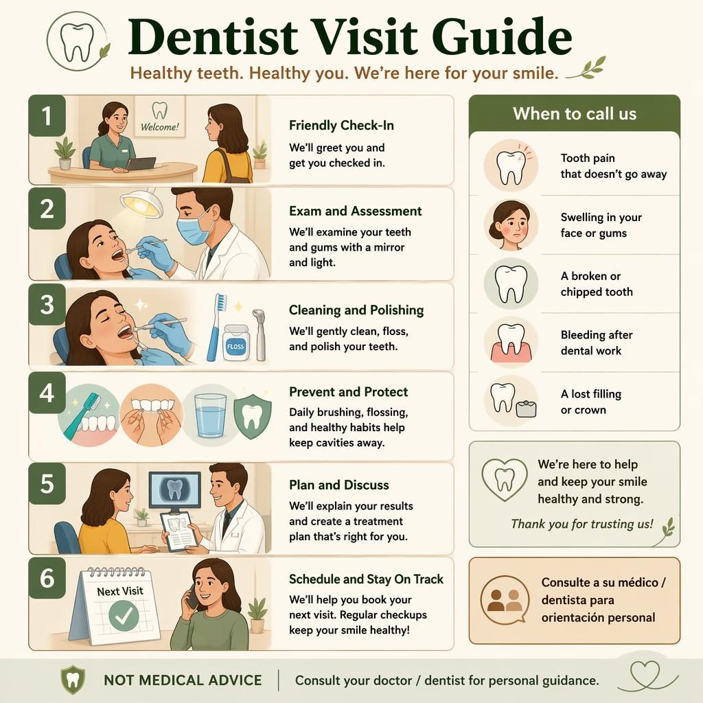 Infografía vertical A5 tipo folleto dentista con 6 pasos de visita dental, recuadros ilustrados y avisos informativos