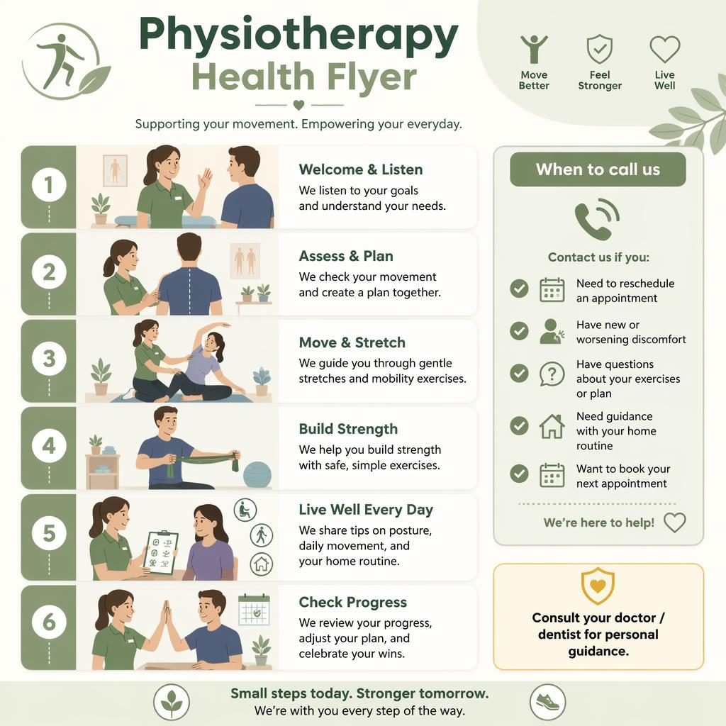 A5-Infografik zur Physiotherapie mit 6 nummerierten Schrittkarten, Callout „When to call us“ und deutschem Hinweisfeld.