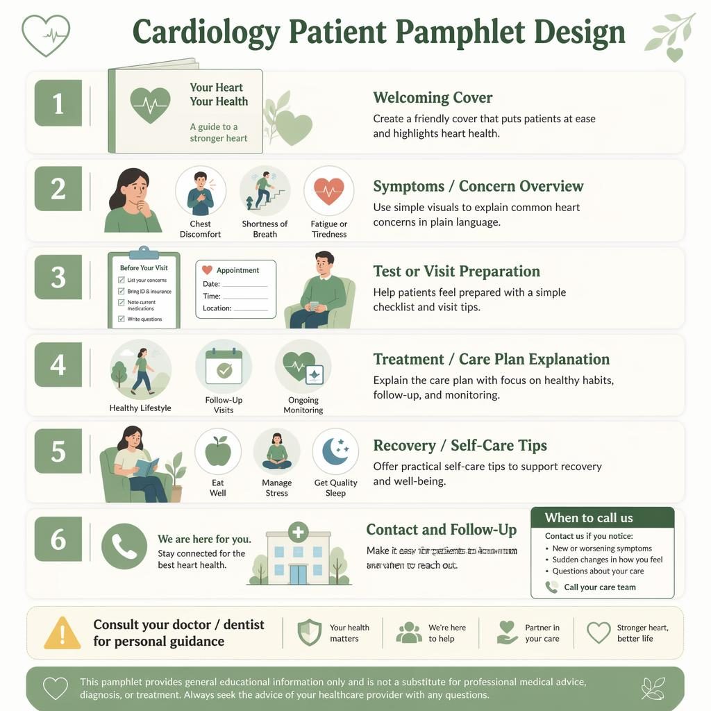 A5 portrait infographic with 6 numbered cardiology pamphlet design steps in sage and cream, plus safety callout and footer note.