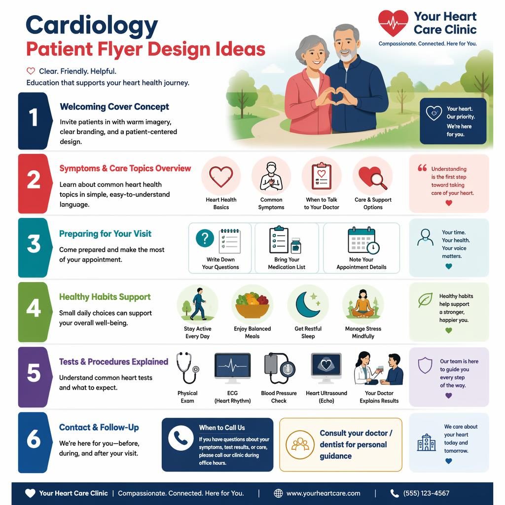 A5 portrait infographic with 6 numbered cardiology patient flyer design steps, icons, wellness visuals, and contact callouts.