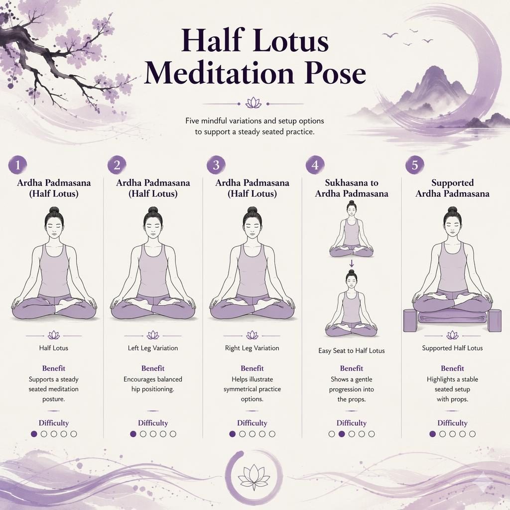 Minimalistická infografika s 5 pozicemi Half Lotus, levandulová paleta, liniové siluety a plynulé motivy dechu.
