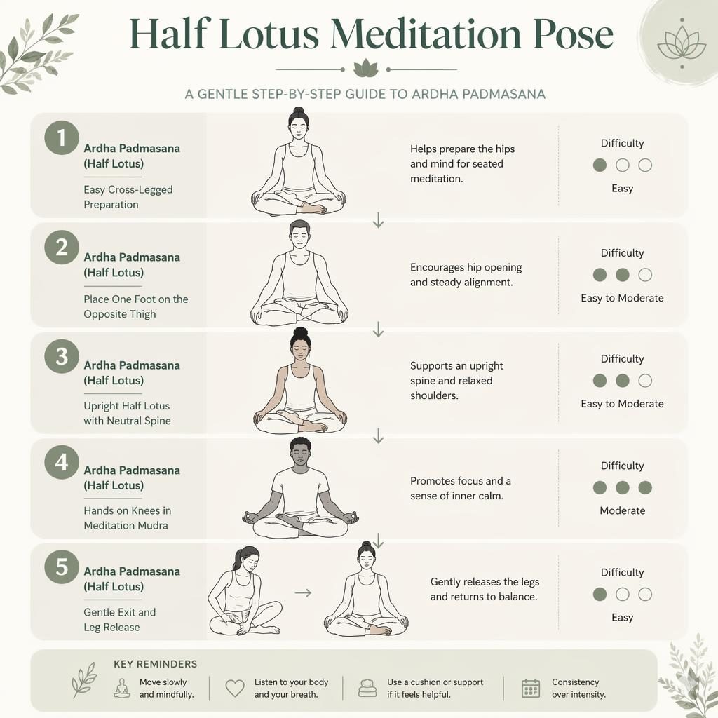Infographic with 5 line-drawn figures showing Half Lotus Meditation Pose steps in sage and cream editorial style.