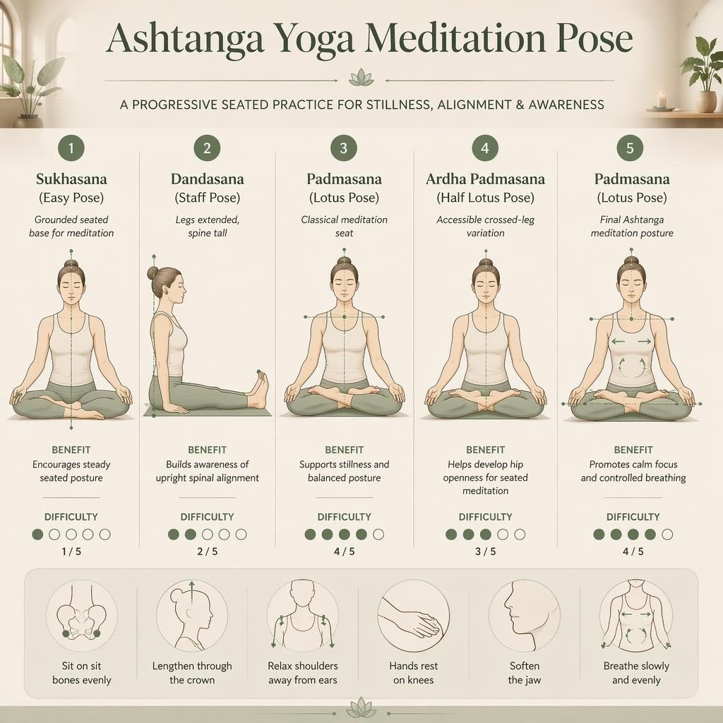 Infographie de 5 figures numérotées en postures assises d’ashtanga yoga, palette sauge et crème, studio serein.