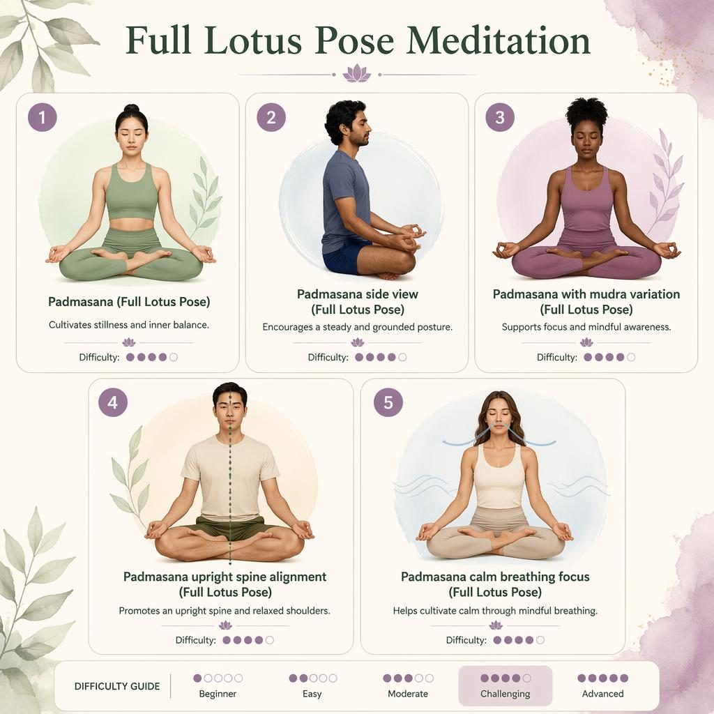 Infografika s 5 očíslovanými figurami v pozici Full Lotus Pose, včetně bočního pohledu, mudry a držení páteře.