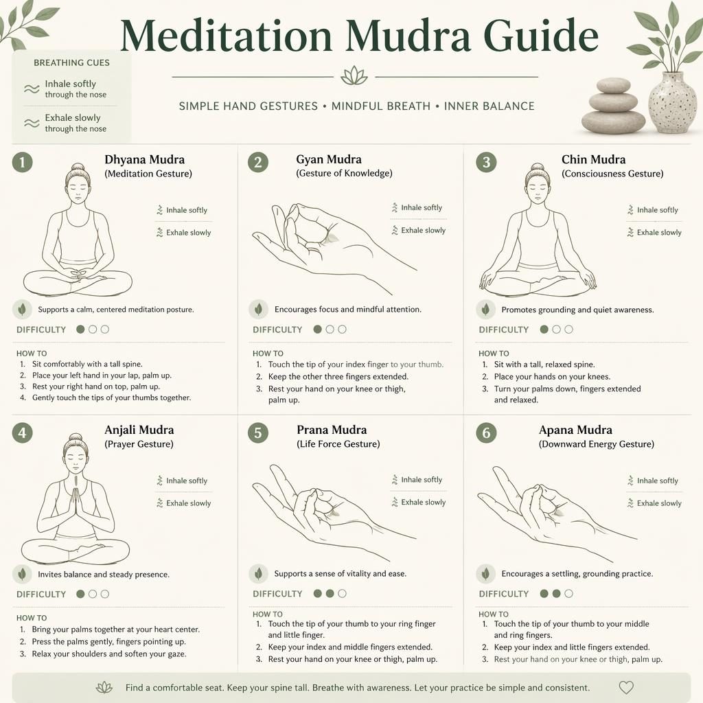 Infographie éditoriale avec 6 mudras de méditation dessinés en lignes, palette sauge et crème, silhouettes assises et gros plans des mains.