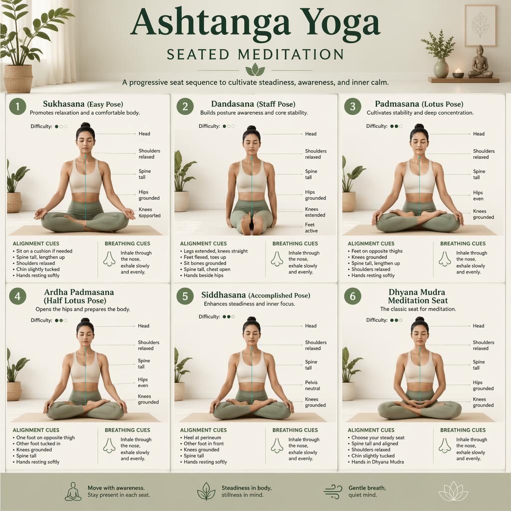Infographie de 6 postures de méditation assise Ashtanga, silhouettes numérotées, studio apaisant vert sauge et crème.