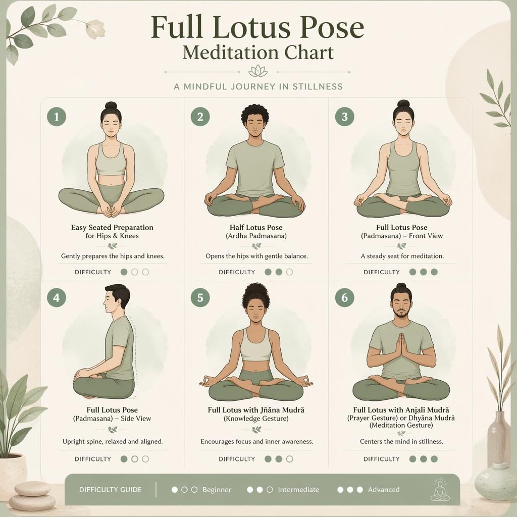 Pastel infographic with 6 line-drawn seated figures showing Full Lotus Pose variations and hand mudras chart details