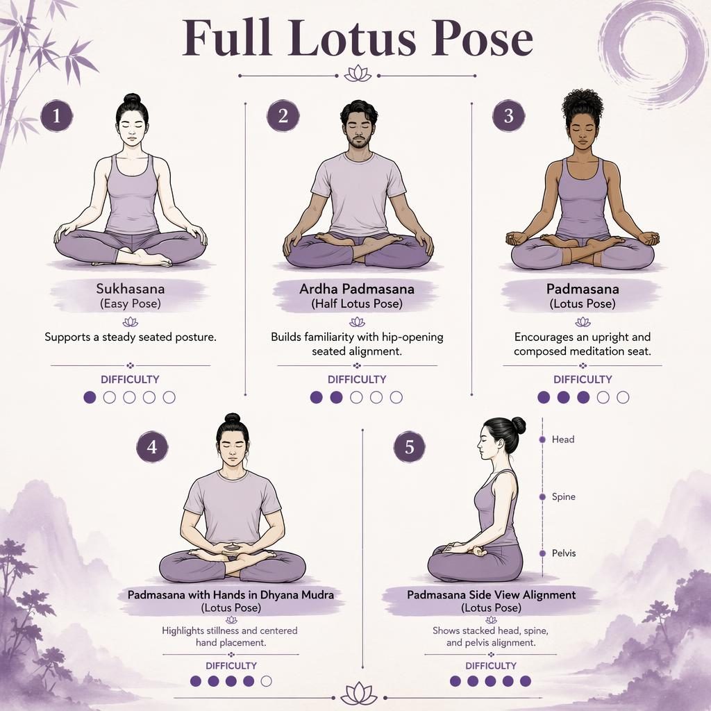 Infografika s 5 očíslovanými figurami sedu od Sukhasana po Padmasana v levandulové lineární kresbě.