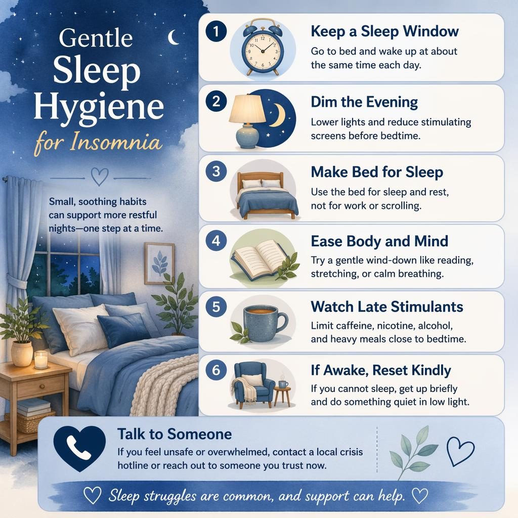 Editorial infographic with 6 sleep hygiene cards in dusty blue, cozy bedroom icons, and a Talk to Someone support callout.